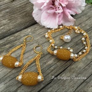 pearl Gold Chain layer Bracelet Earrings Jewelry